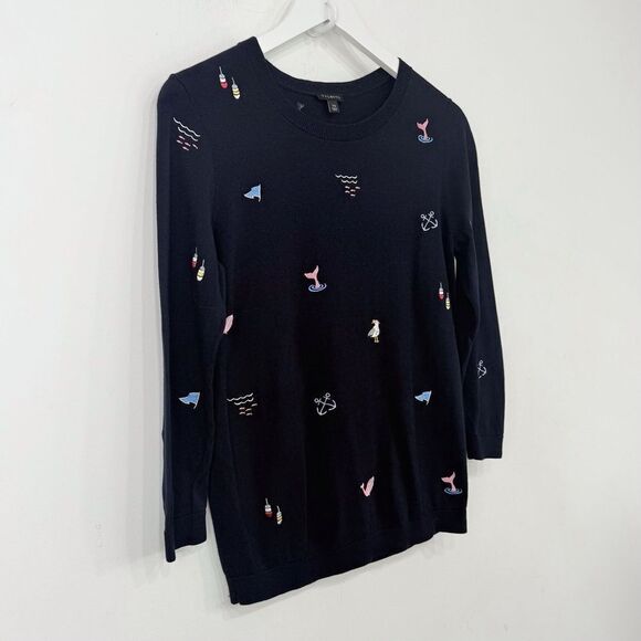 Talbots Nautical Embroidered Theme Navy Blue Long Sleeve Crew Knit Sweater - Picture 5 of 12